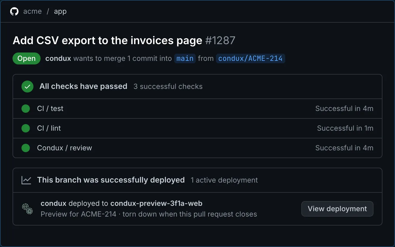 The pull request’s checks and the Condux preview deployment