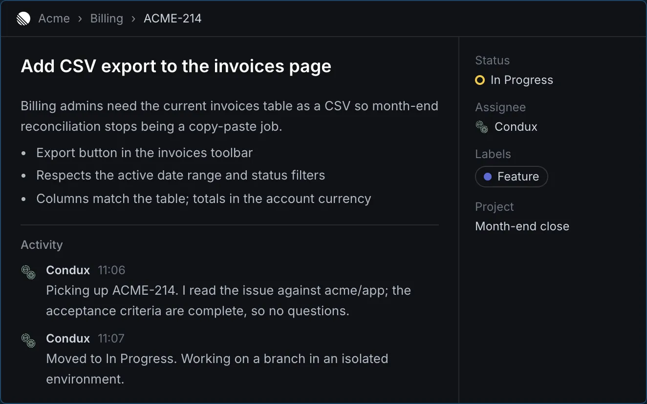A Linear issue with Condux’s activity on it