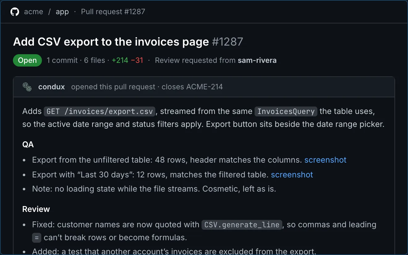 The opened pull request, with QA and review notes in the body