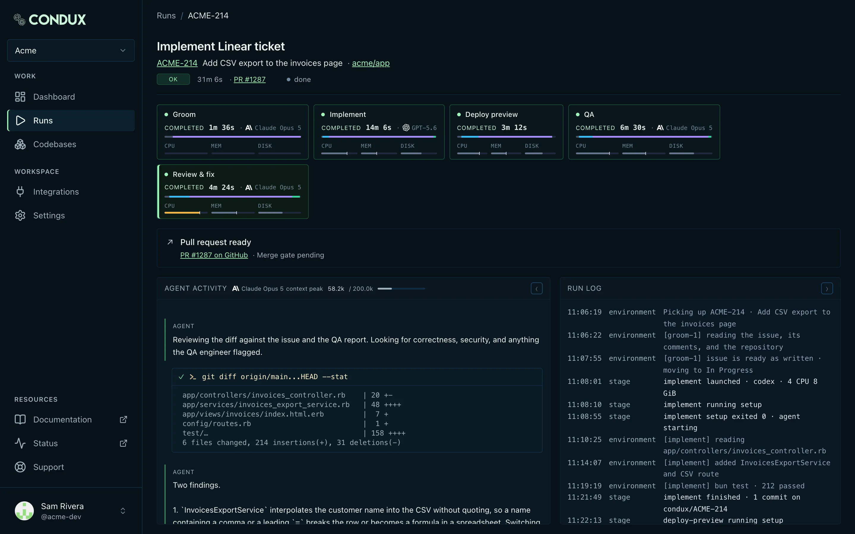The Condux run page for a finished run: stage cards with timing and resource bars, the agent transcript, and the run log