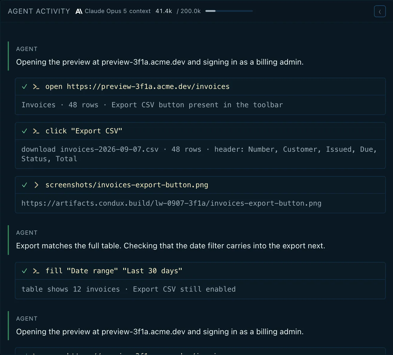 The run page while the QA engineer drives the preview in a browser