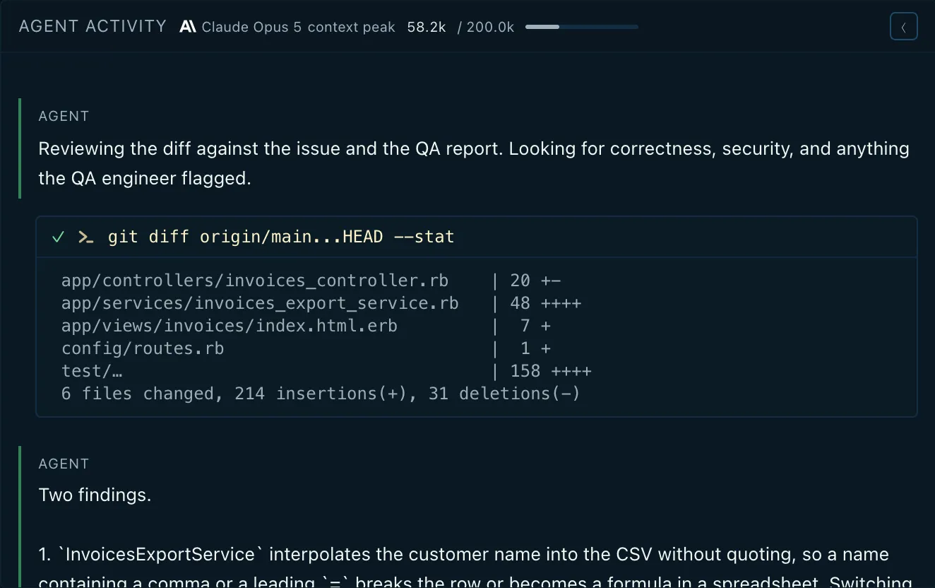 The run page with the reviewer’s findings and fixes